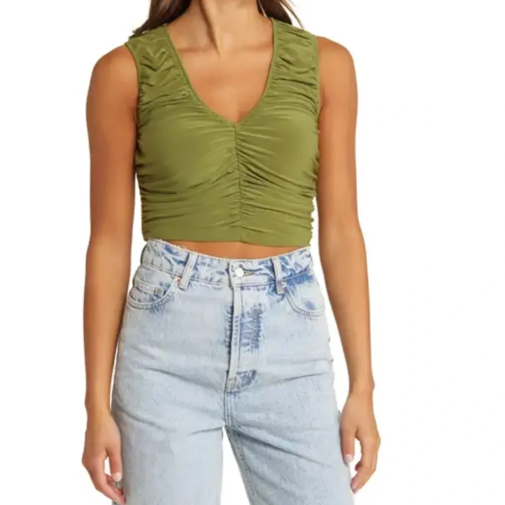 Open Edit Olive Green Ruched Crop Tank Top Size M - Picture 1 of 6